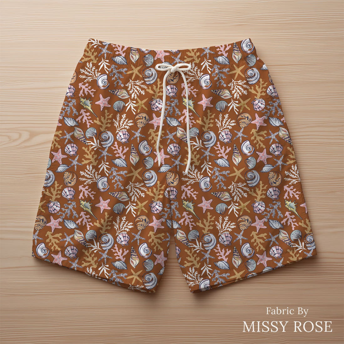 Design 847 Shells Fabric sewn into swim shorts – see how the print looks made up | Fabric by Missy Rose