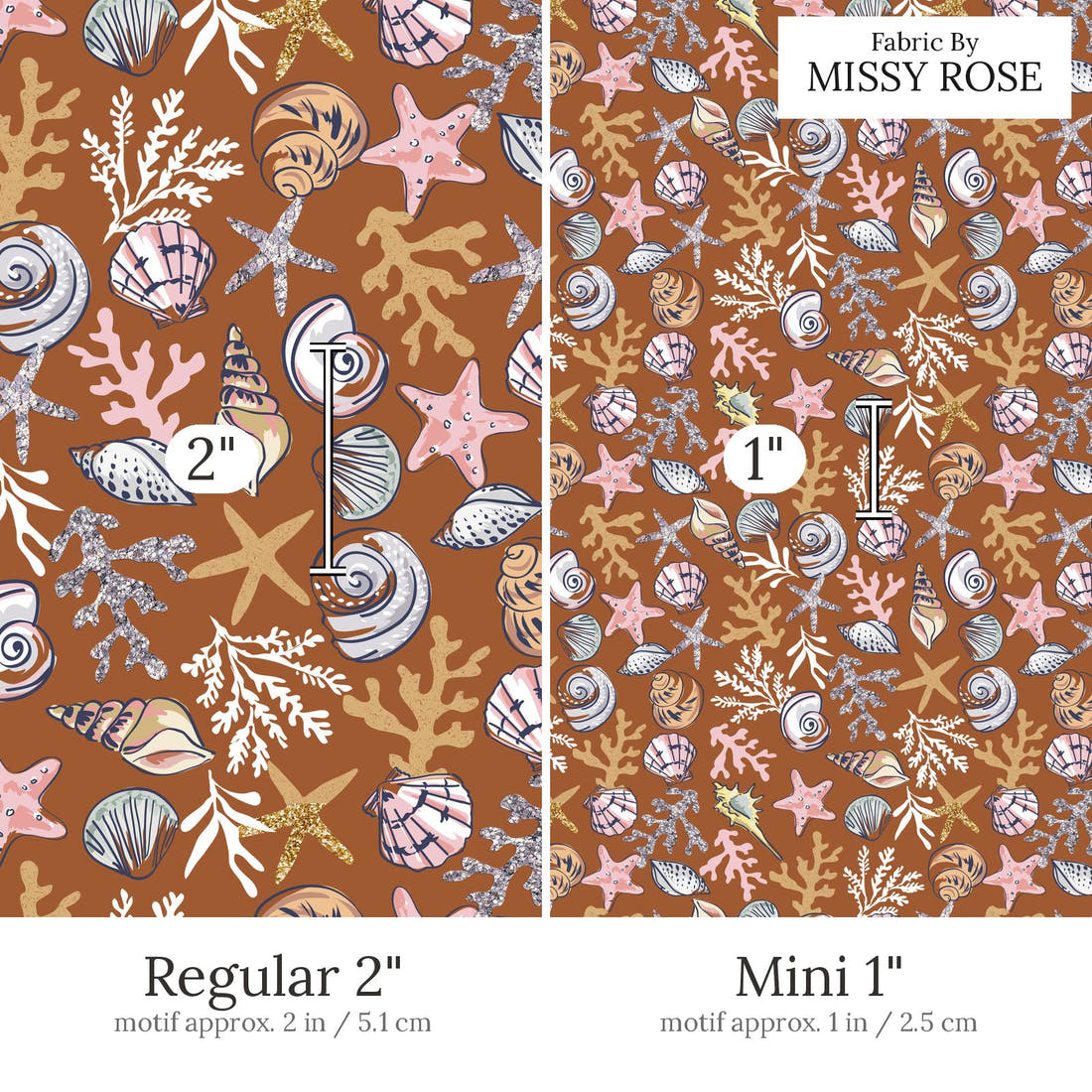 Design 847 Shells Fabric Regular 2 inch vs Mini 1 inch print scale side by side | Fabric by Missy Rose
