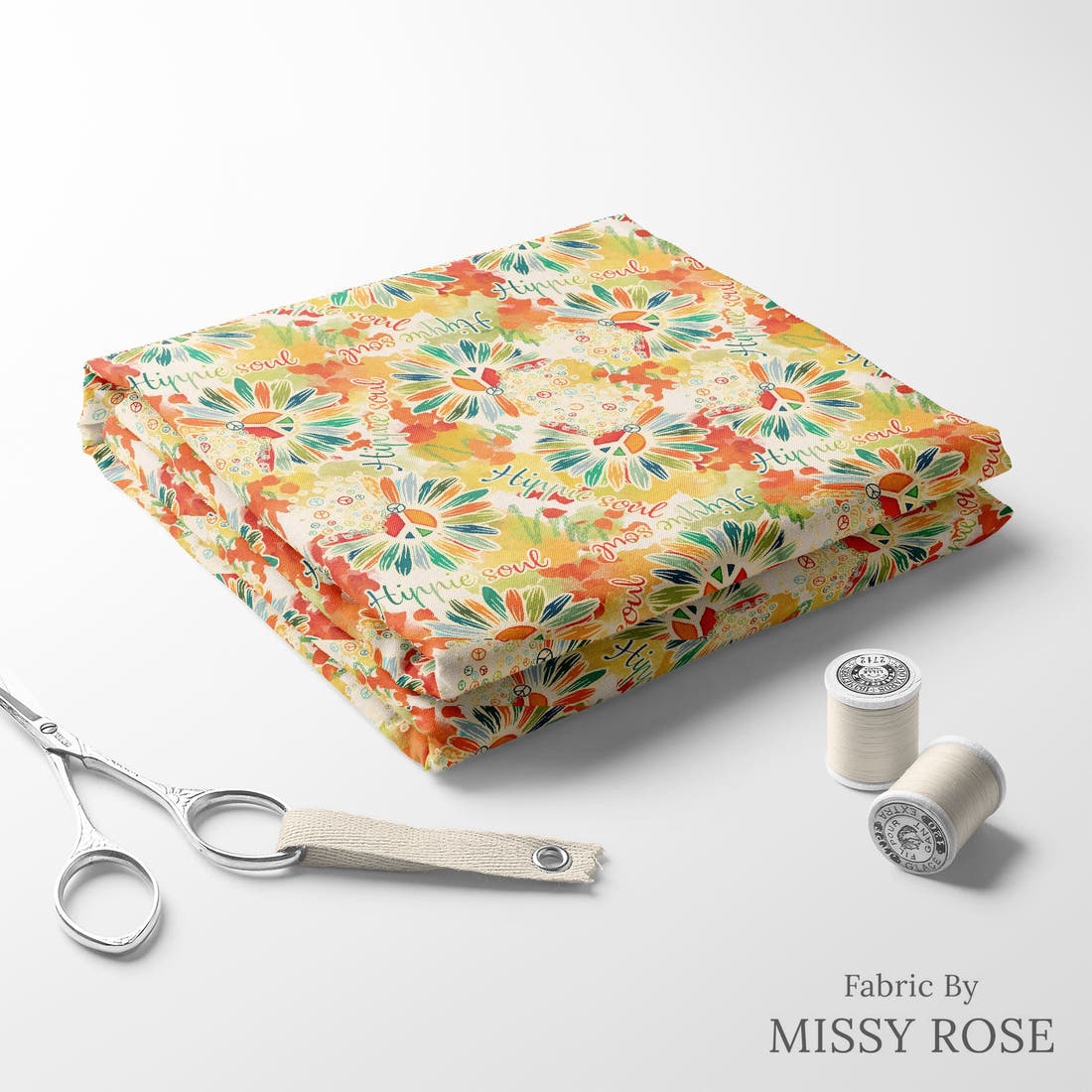 Design 848 Hippie Fabric folded fabric stack with matching thread – pre-order fabric Australia | Fabric by Missy Rose