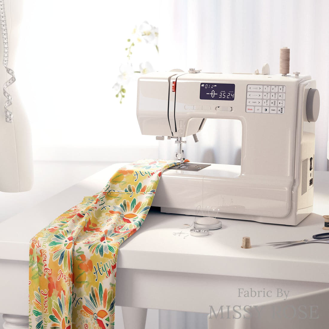 Design 848 Hippie Fabric on a sewing machine – premium fabric for sewing projects | Fabric by Missy Rose