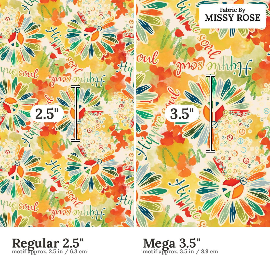 Design 848 Hippie Fabric size comparison - print scale | Fabric by Missy Rose