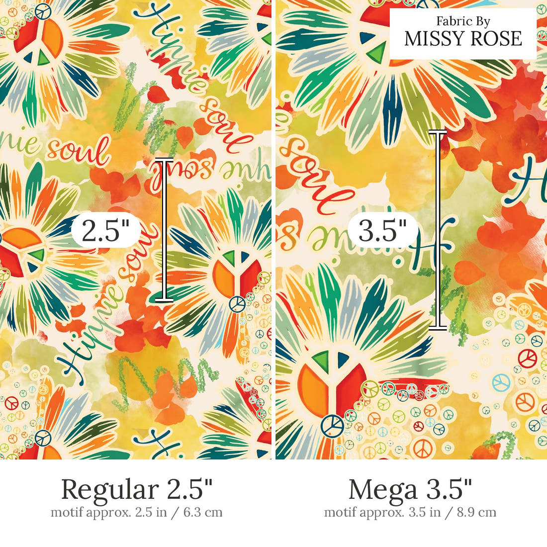 Design 848 Hippie Fabric Regular 2.5 inch vs Mega 3.5 inch print scale side by side | Fabric by Missy Rose
