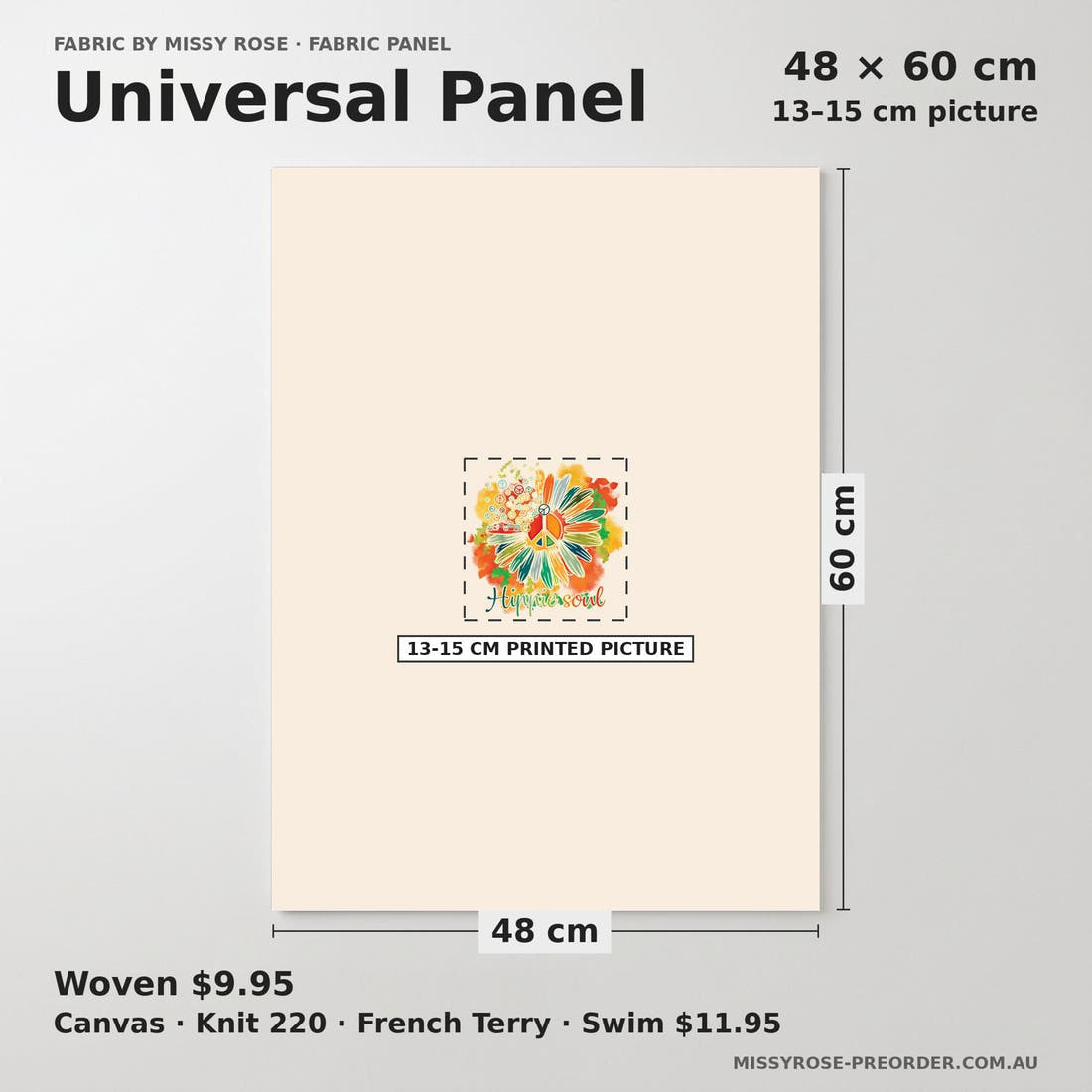 Design 848 Hippie Panel universal panel sizing – 13–15 cm printed picture on 48 × 60 cm fabric | Fabric by Missy Rose