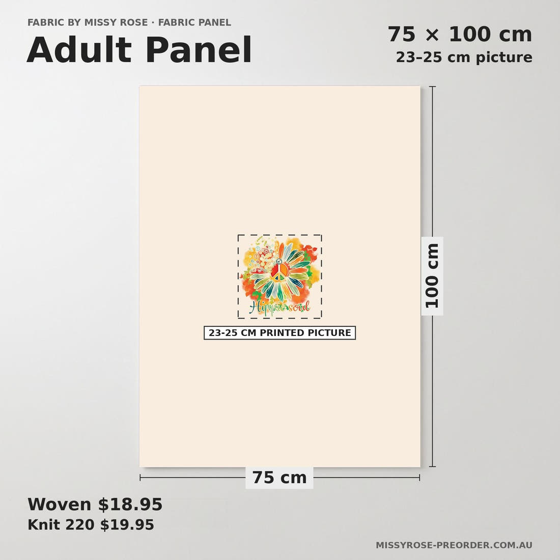 Design 848 Hippie Panel adult panel sizing – 23–25 cm printed picture on 75 × 100 cm fabric | Fabric by Missy Rose