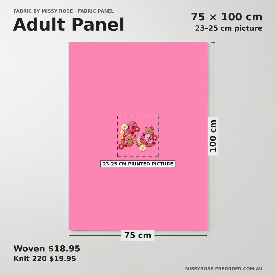 Design 849 Pink Lady Bug Panel adult panel sizing – 23–25 cm printed picture on 75 × 100 cm fabric | Fabric by Missy Rose