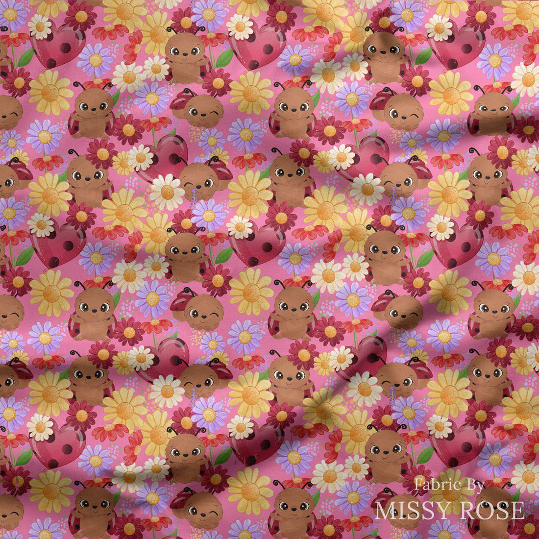 Design 849 Pink Lady Bug Fabric draped fabric mockup – custom printed fabric by the metre | Fabric by Missy Rose