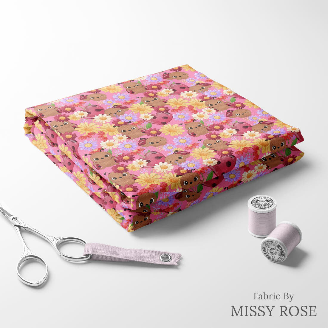 Design 849 Pink Lady Bug Fabric folded fabric stack with matching thread – pre-order fabric Australia | Fabric by Missy Rose