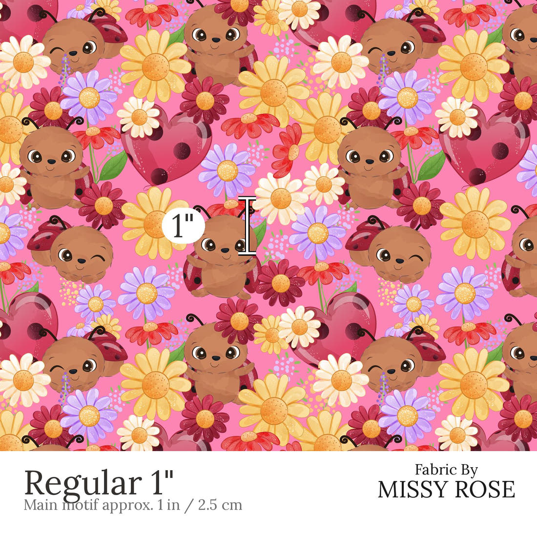 Design 849 Pink Lady Bug Fabric Regular 1 inch print scale guide | Fabric by Missy Rose