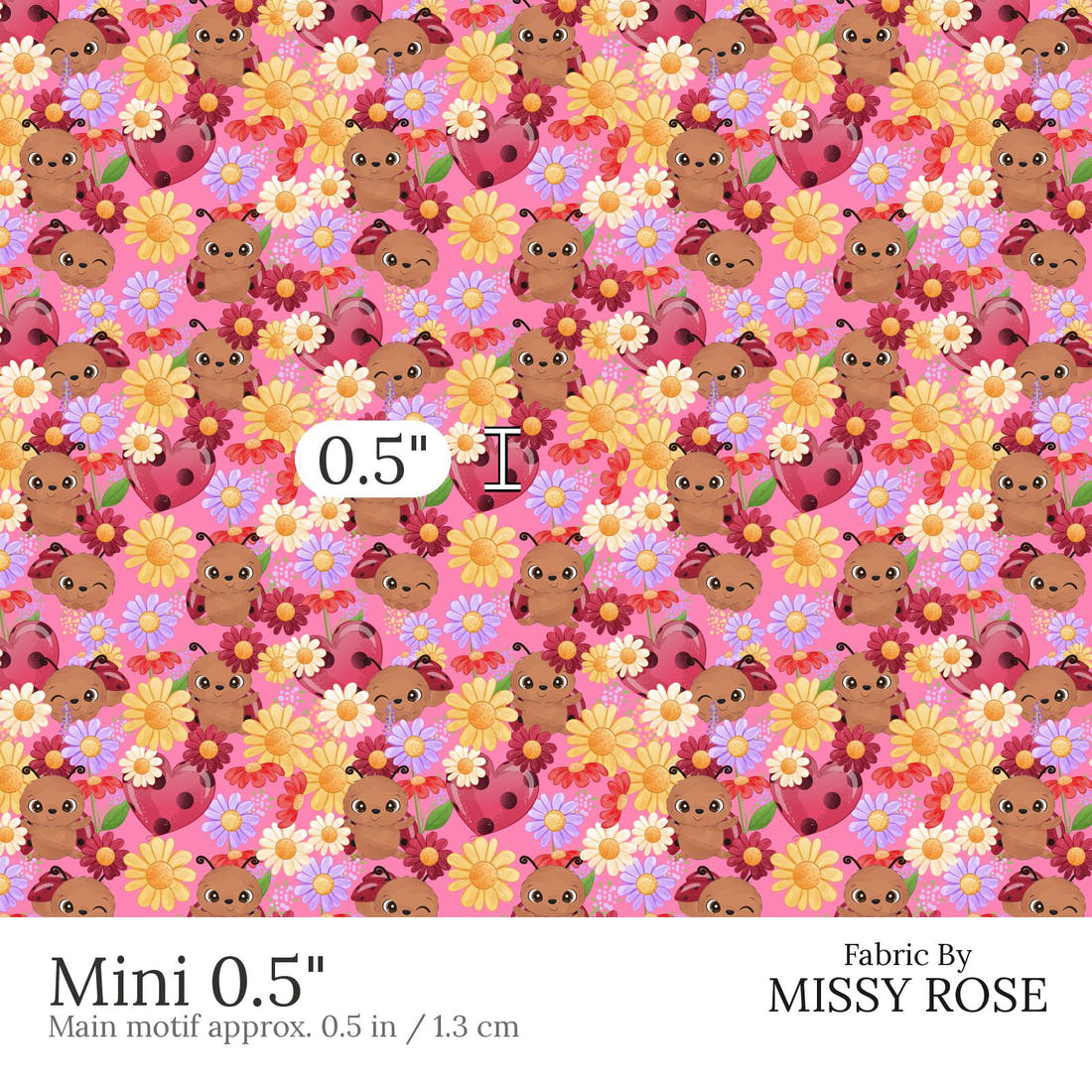 Design 849 Pink Lady Bug Fabric Mini 0.5 inch print scale guide | Fabric by Missy Rose