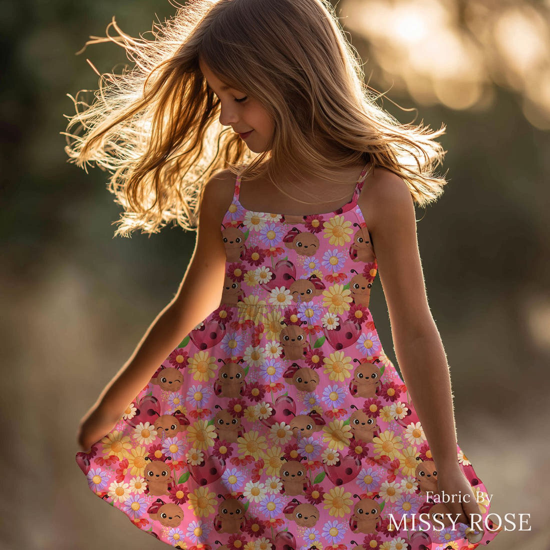 Design 849 Pink Lady Bug Fabric sewn into a girls' dress – see how the print looks made up | Fabric by Missy Rose