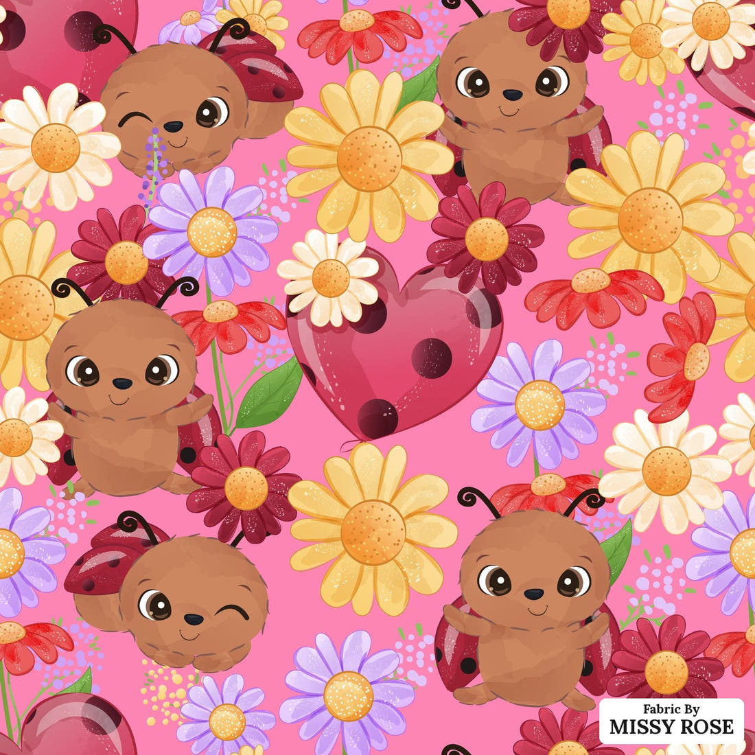 Design 849 Pink Lady Bug Fabric - flat view of the print, zoom in for detail | Fabric by Missy Rose