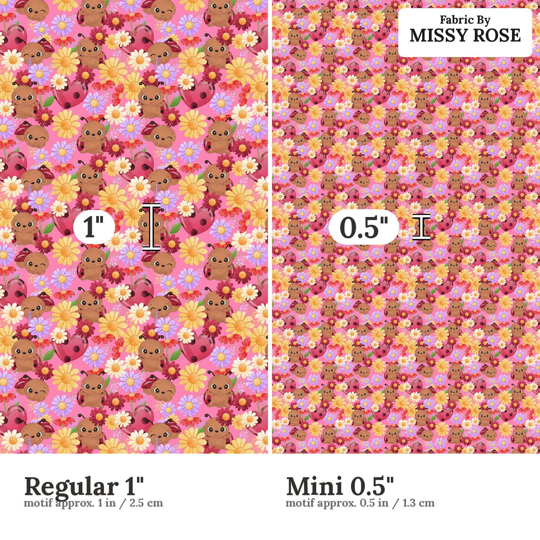 Design 849 Pink Lady Bug Fabric size comparison - print scale | Fabric by Missy Rose