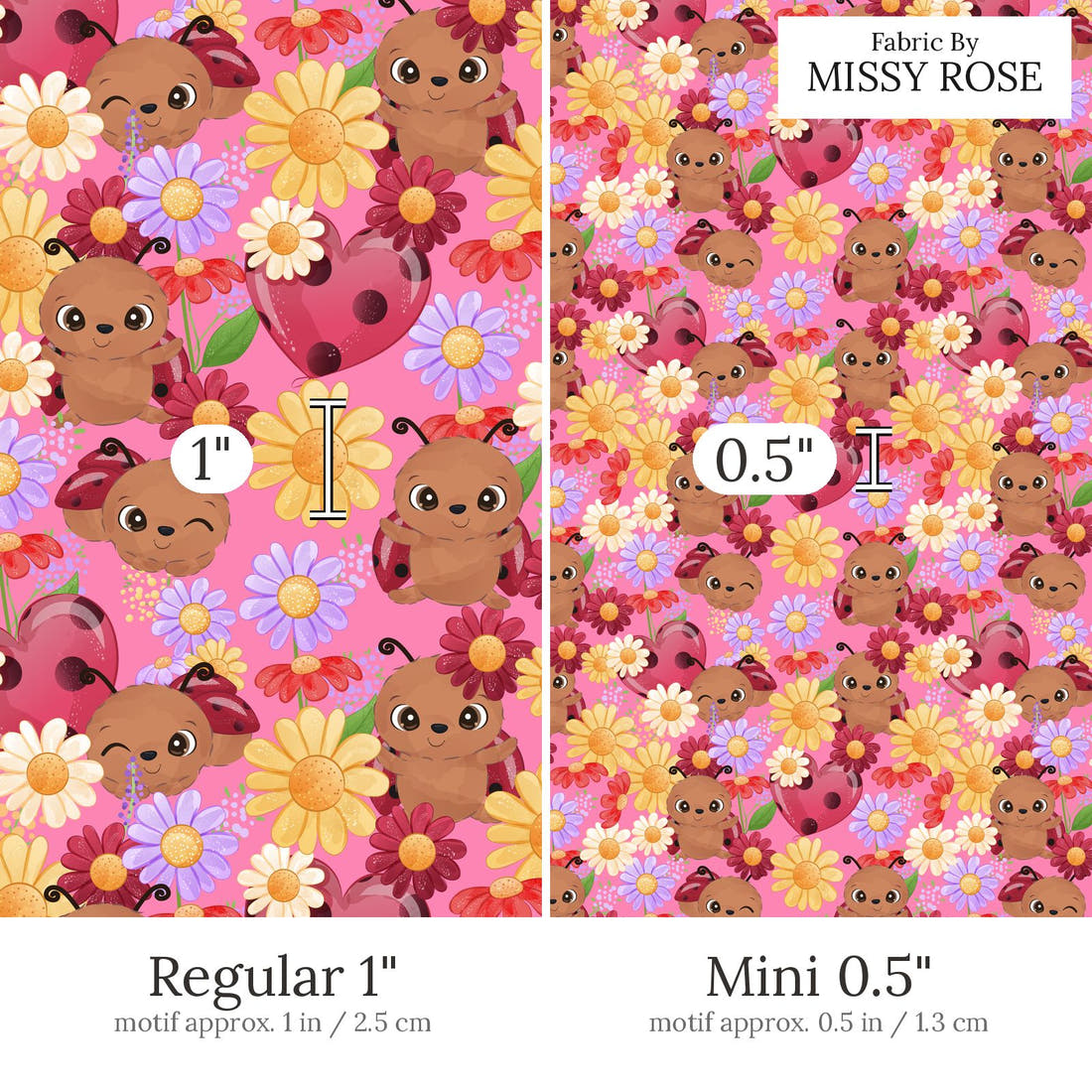 Design 849 Pink Lady Bug Fabric Regular 1 inch vs Mini 0.5 inch print scale side by side | Fabric by Missy Rose