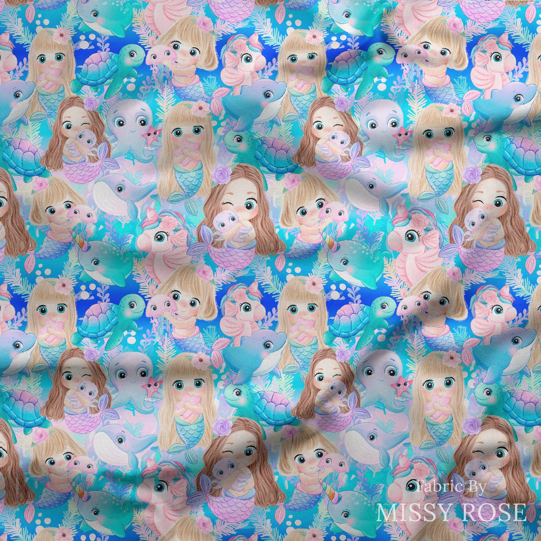 Design 85 Cute Mermaid Fabric draped fabric mockup – custom printed fabric by the metre | Fabric by Missy Rose
