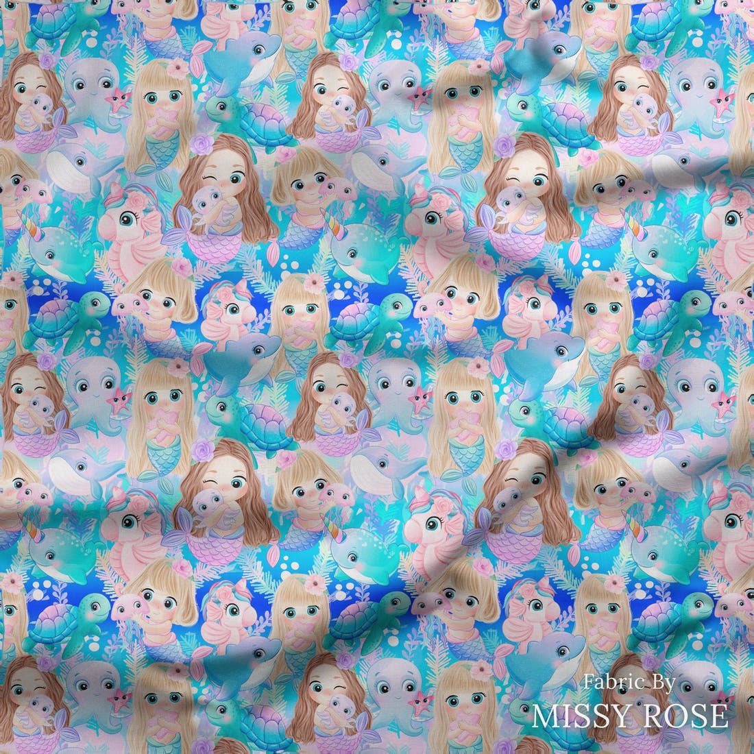 Design 85 Cute Mermaid Fabric draped fabric mockup – custom printed fabric by the metre | Fabric by Missy Rose
