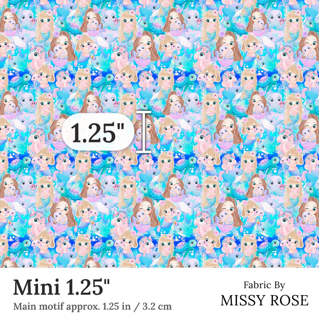 Design 85 Cute Mermaid Fabric Mini 1.25 inch print scale guide | Fabric by Missy Rose