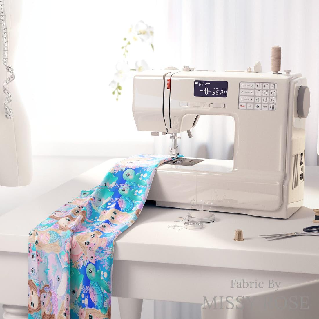 Design 85 Cute Mermaid Fabric on a sewing machine – premium fabric for sewing projects | Fabric by Missy Rose