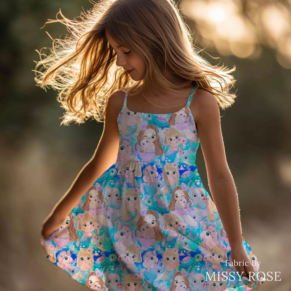 Design 85 Cute Mermaid Fabric sewn into a girls' dress – see how the print looks made up | Fabric by Missy Rose