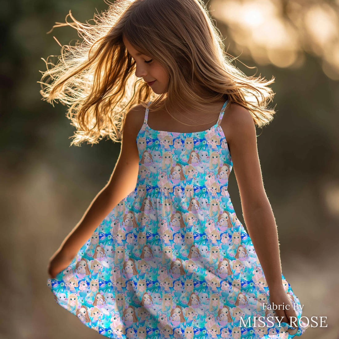 Design 85 Cute Mermaid Fabric sewn into a girls' dress – see how the print looks made up | Fabric by Missy Rose