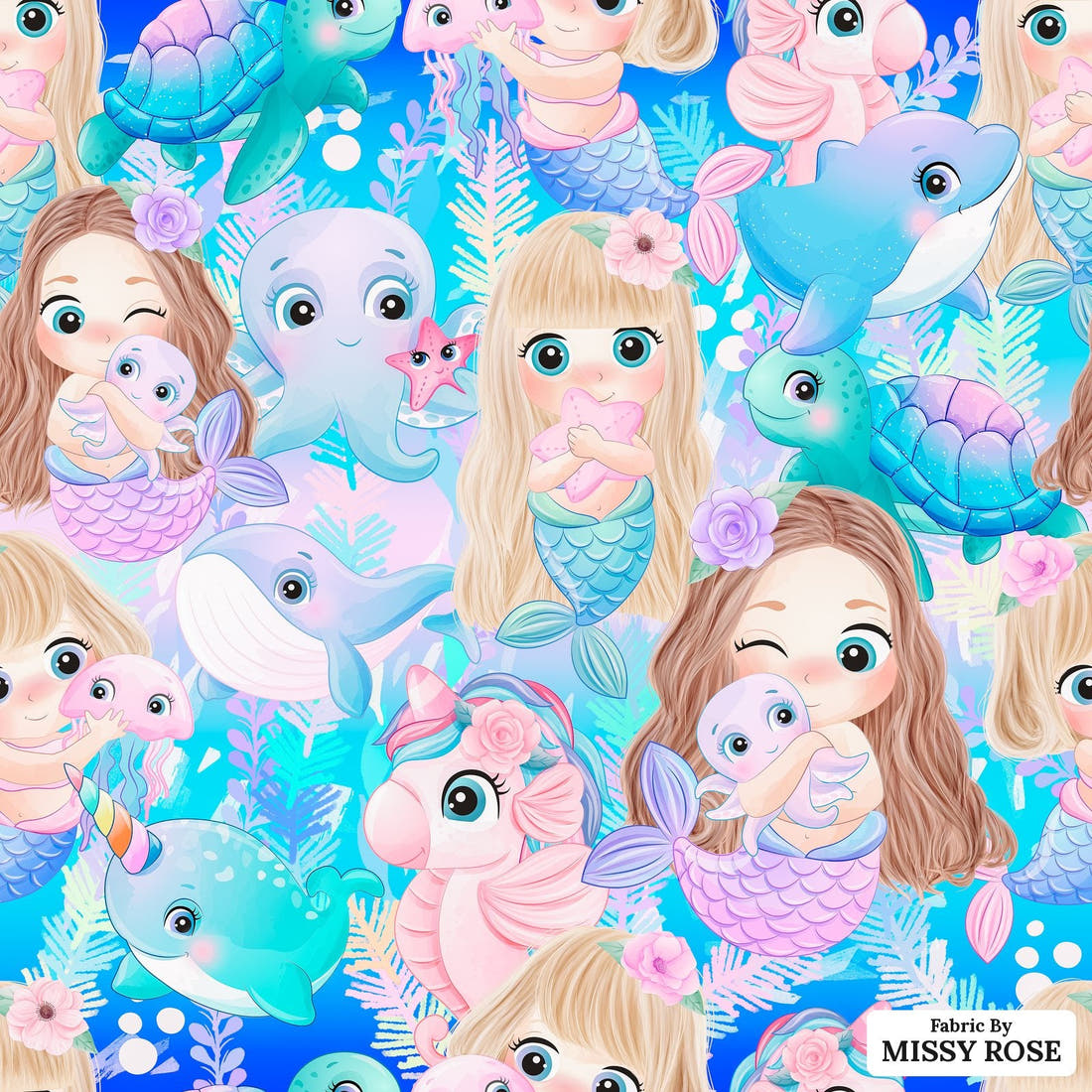 Design 85 Cute Mermaid Fabric - flat view of the print, zoom in for detail | Fabric by Missy Rose