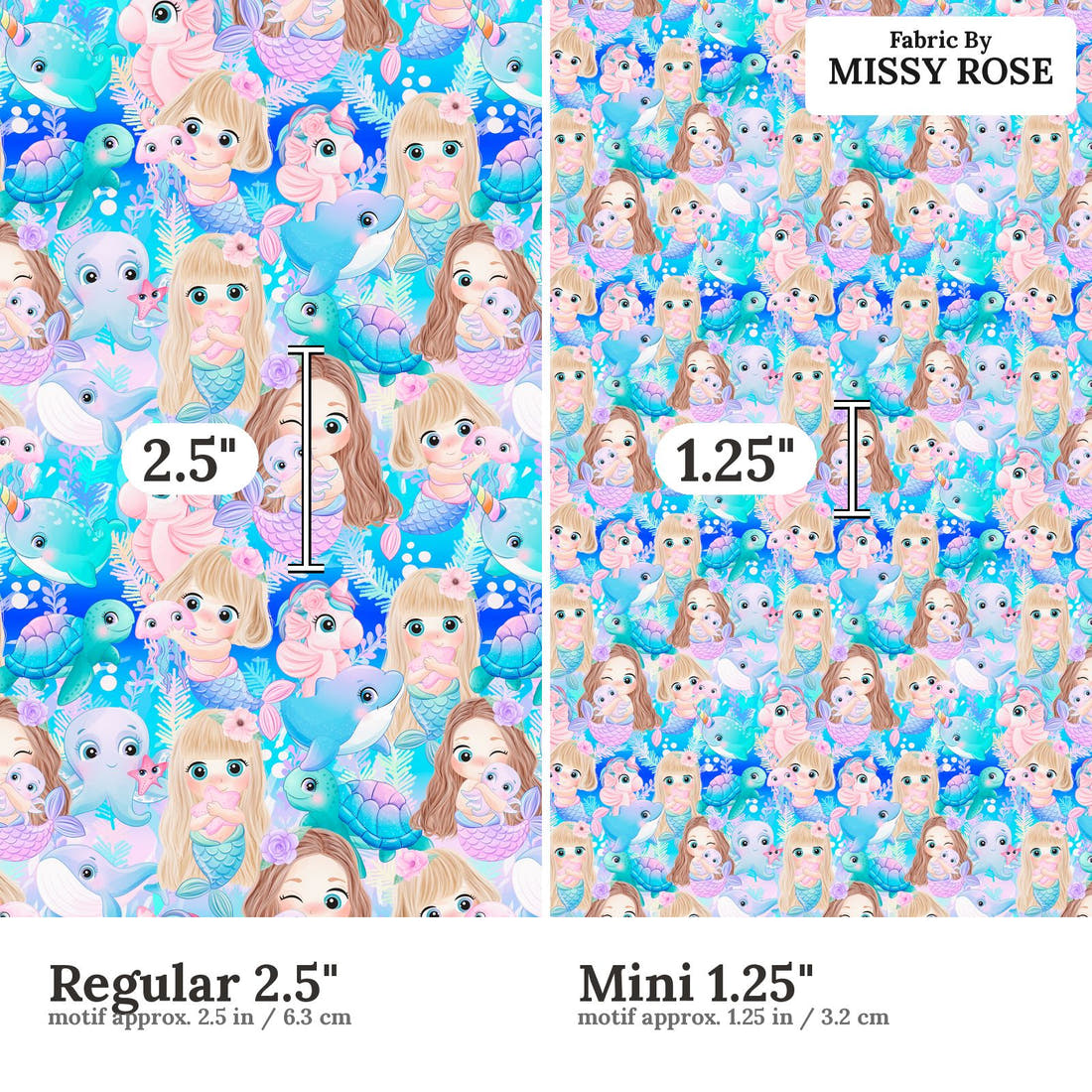 Design 85 Cute Mermaid Fabric size comparison - print scale | Fabric by Missy Rose