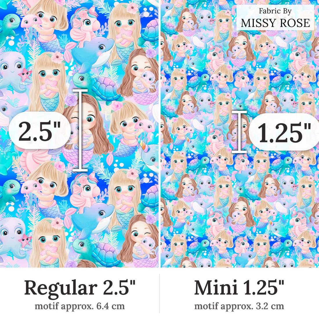 Design 85 Cute Mermaid Fabric Regular 2.5 inch vs Mini 1.25 inch print scale side by side | Fabric by Missy Rose