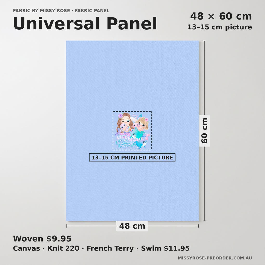 Design 85 Cute Mermaid Panel universal panel sizing – 13–15 cm printed picture on 48 × 60 cm fabric | Fabric by Missy Rose