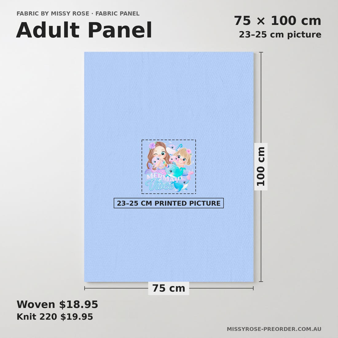 Design 85 Cute Mermaid Panel adult panel sizing – 23–25 cm printed picture on 75 × 100 cm fabric | Fabric by Missy Rose