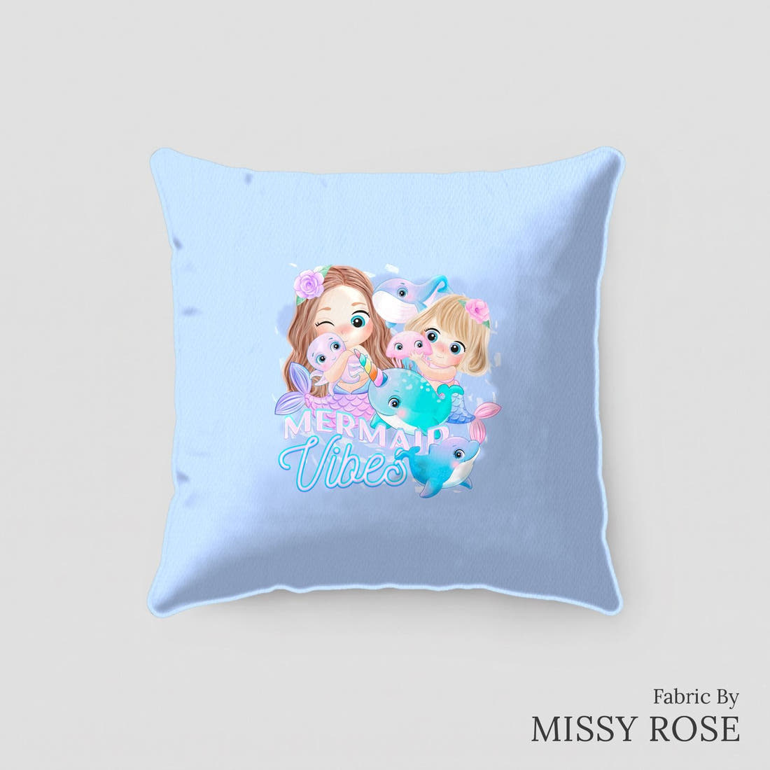 Design 85 Cute Mermaid Panel sewn into a cushion – see how the panel looks made up | Fabric by Missy Rose
