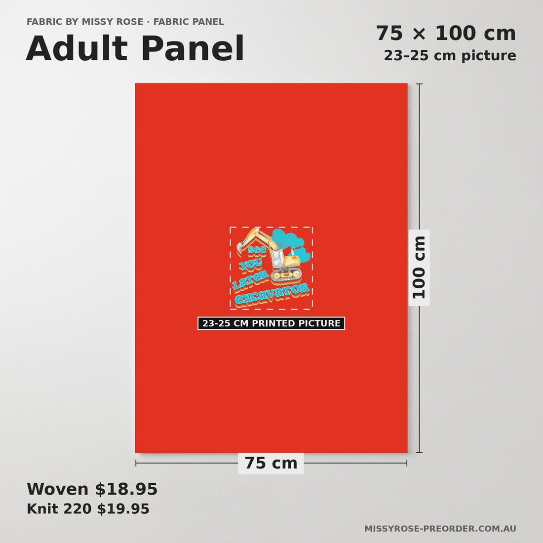 Design 850 Red Construction Panel adult panel sizing – 23–25 cm printed picture on 75 × 100 cm fabric | Fabric by Missy Rose
