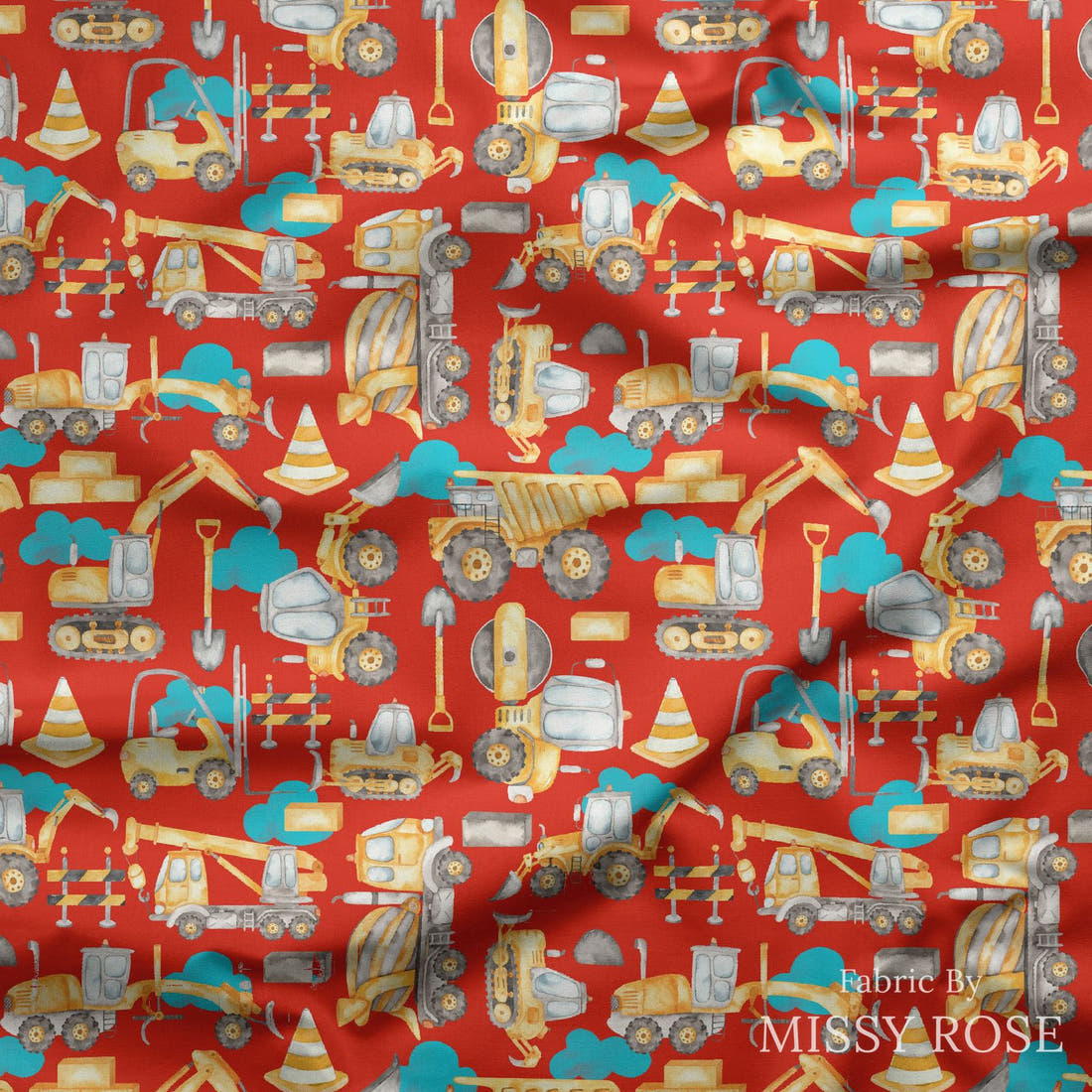 Design 850 Red Construction Fabric draped fabric mockup – custom printed fabric by the metre | Fabric by Missy Rose