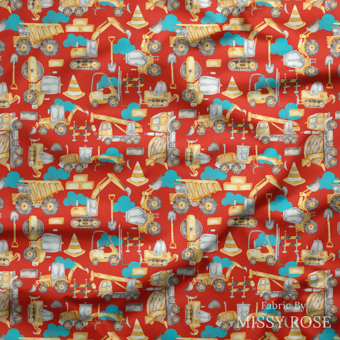 Design 850 Red Construction Fabric draped fabric mockup – custom printed fabric by the metre | Fabric by Missy Rose