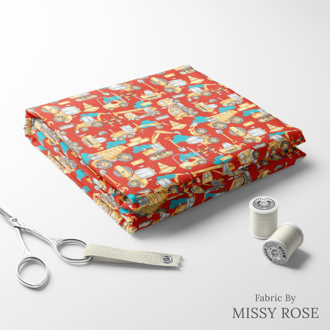 Design 850 Red Construction Fabric folded fabric stack with matching thread – pre-order fabric Australia | Fabric by Missy Rose