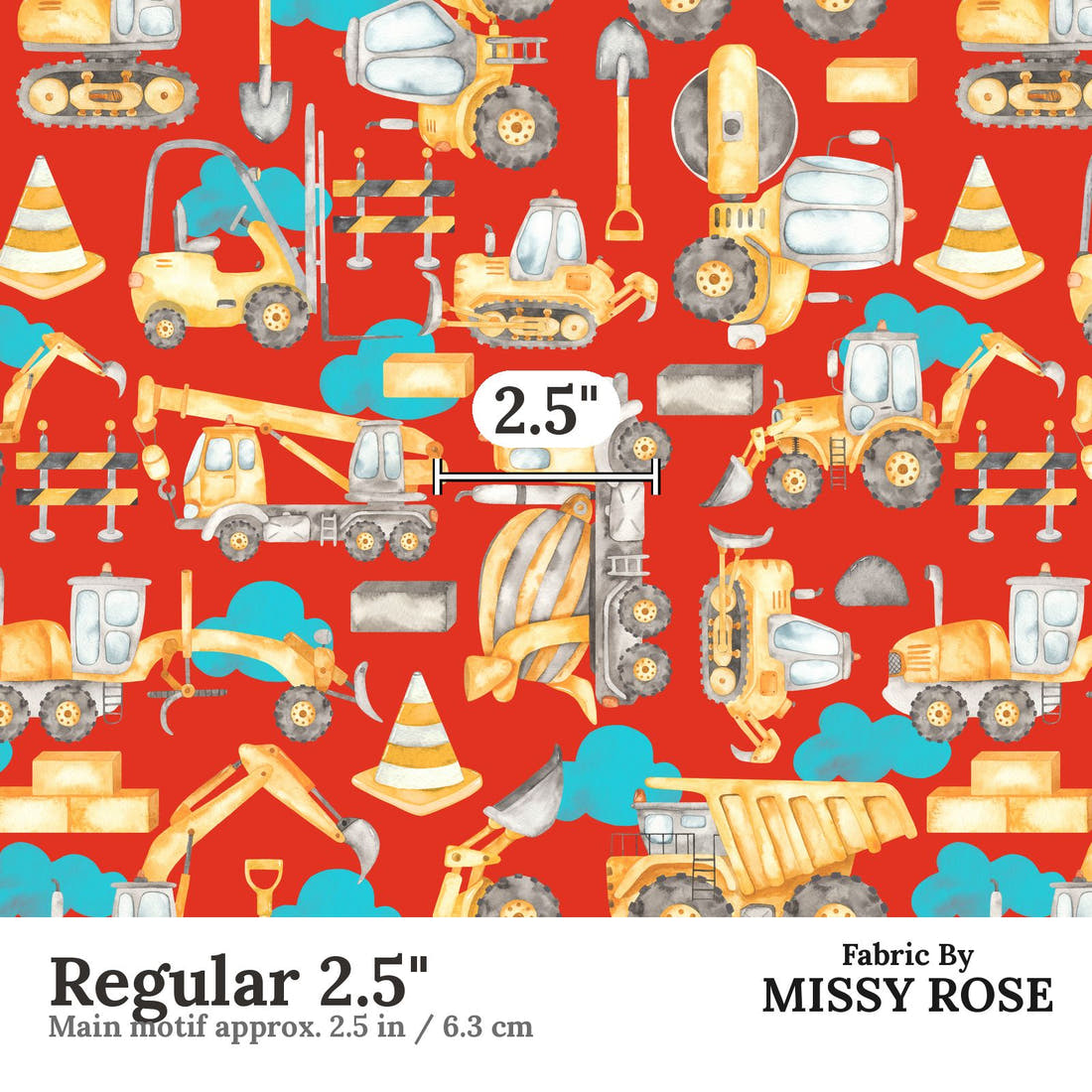 Design 850 Red Construction Fabric Regular 2.5" - print scale | Fabric by Missy Rose