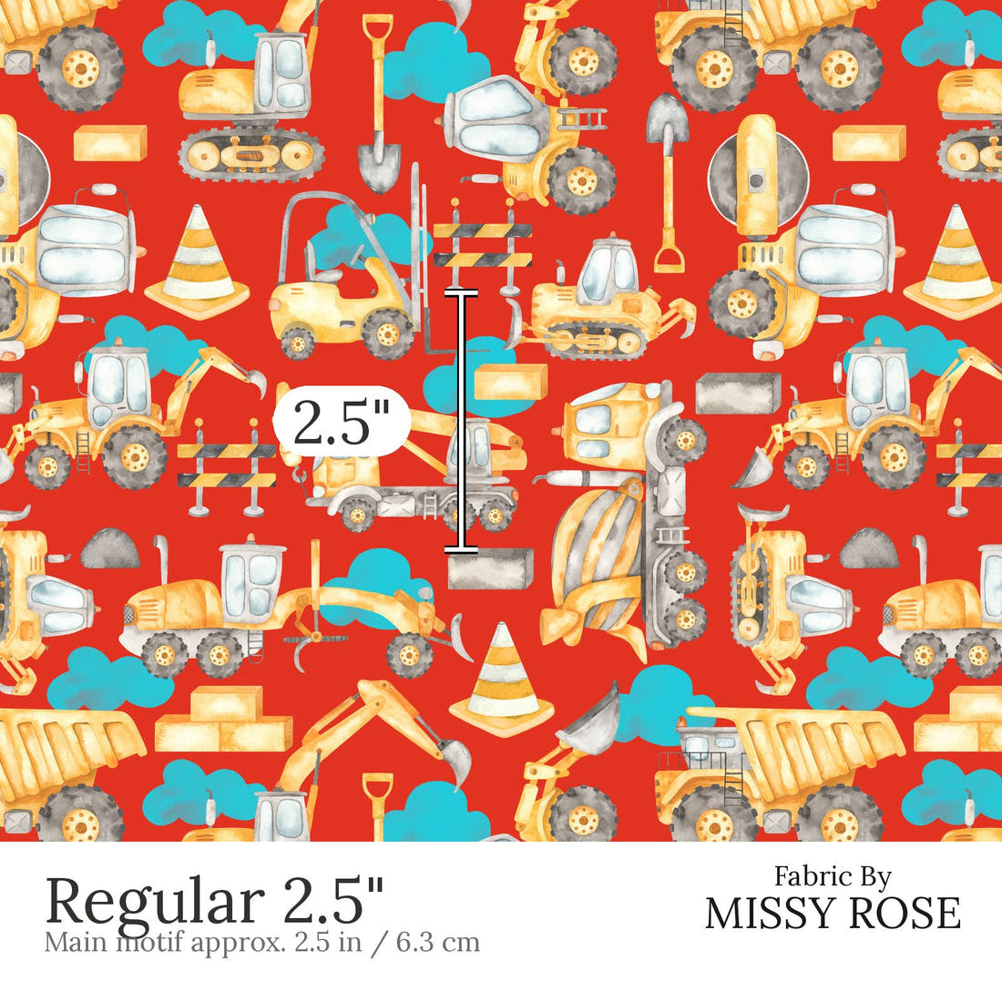Design 850 Red Construction Fabric Regular 2.5 inch print scale guide | Fabric by Missy Rose