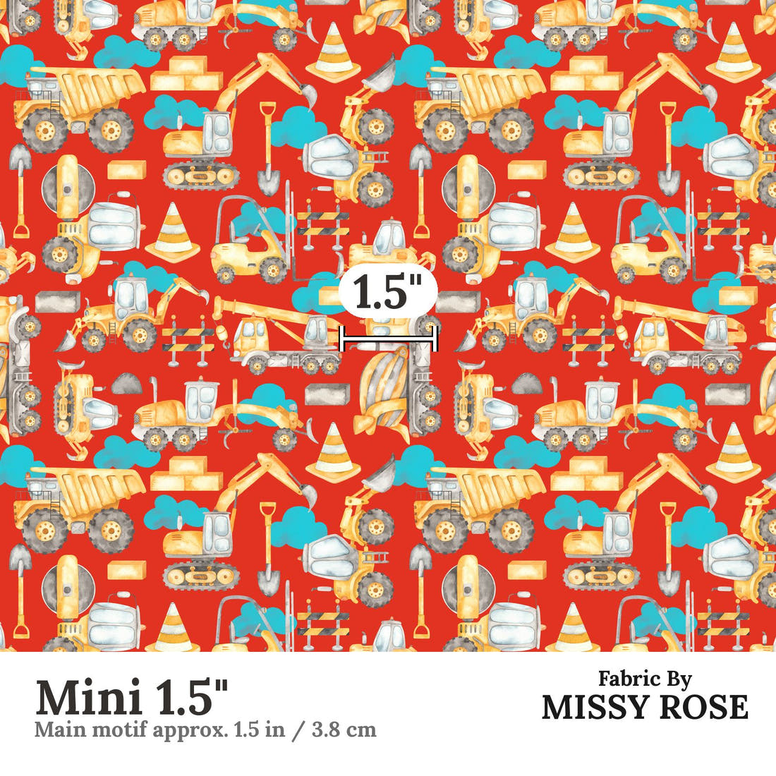 Design 850 Red Construction Fabric Mini 1.5" - print scale | Fabric by Missy Rose