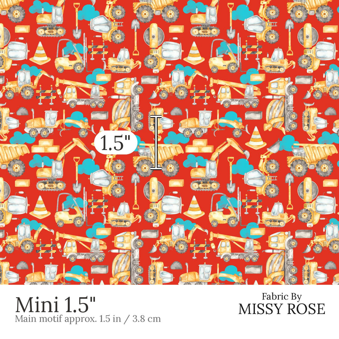 Design 850 Red Construction Fabric Mini 1.5 inch print scale guide | Fabric by Missy Rose