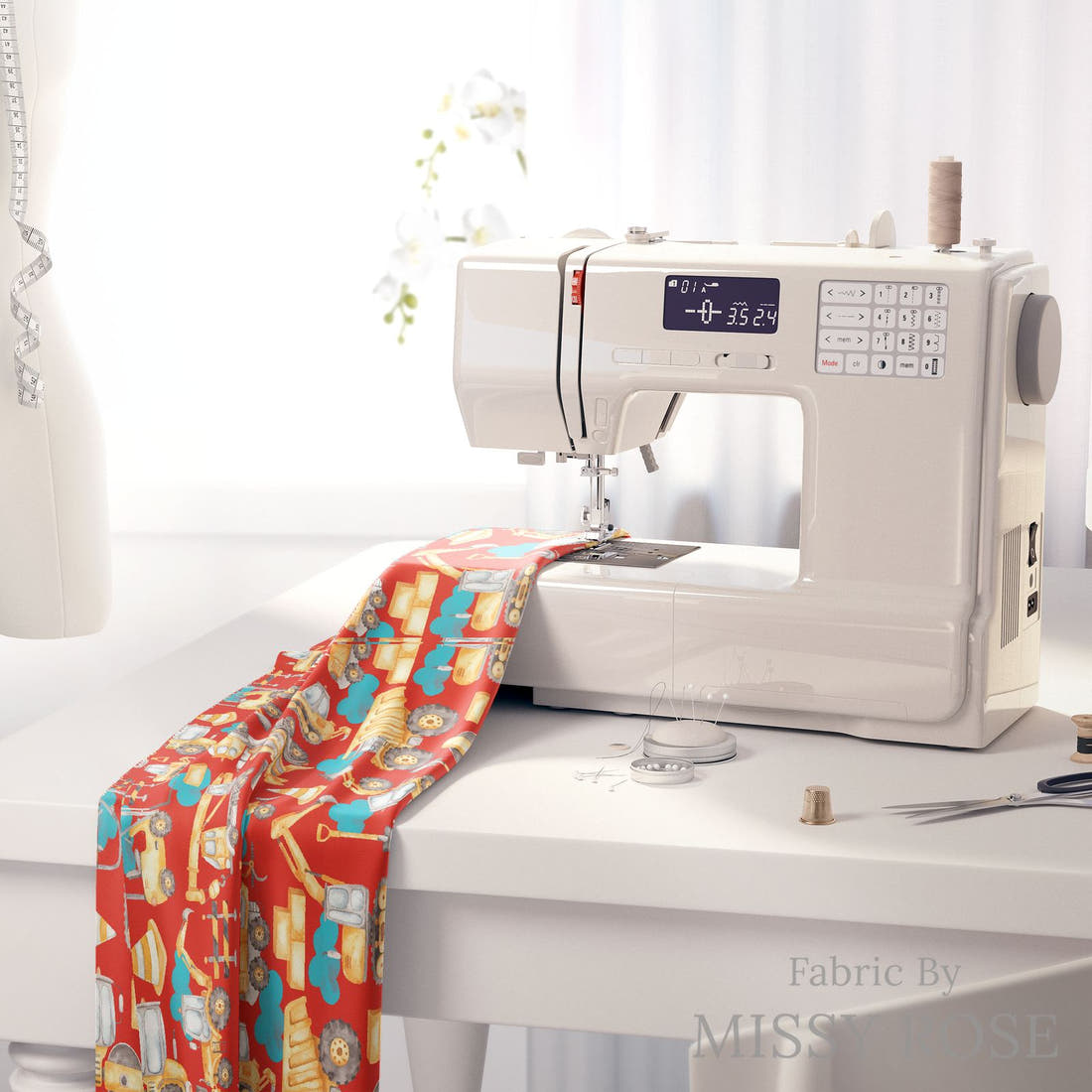 Design 850 Red Construction Fabric on a sewing machine – premium fabric for sewing projects | Fabric by Missy Rose