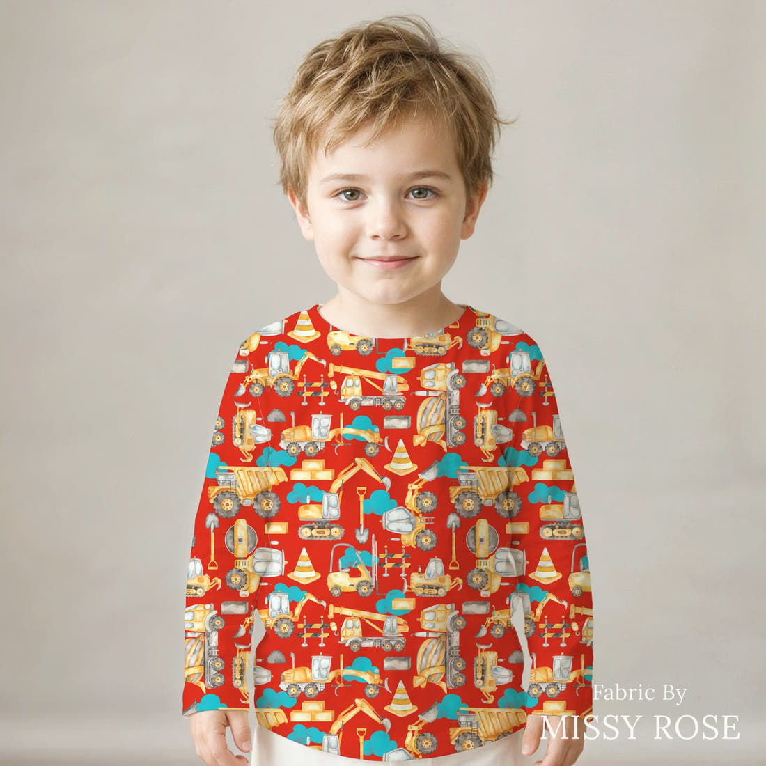Design 850 Red Construction Fabric sewn into a kids' long sleeve top – see how the print looks made up | Fabric by Missy Rose