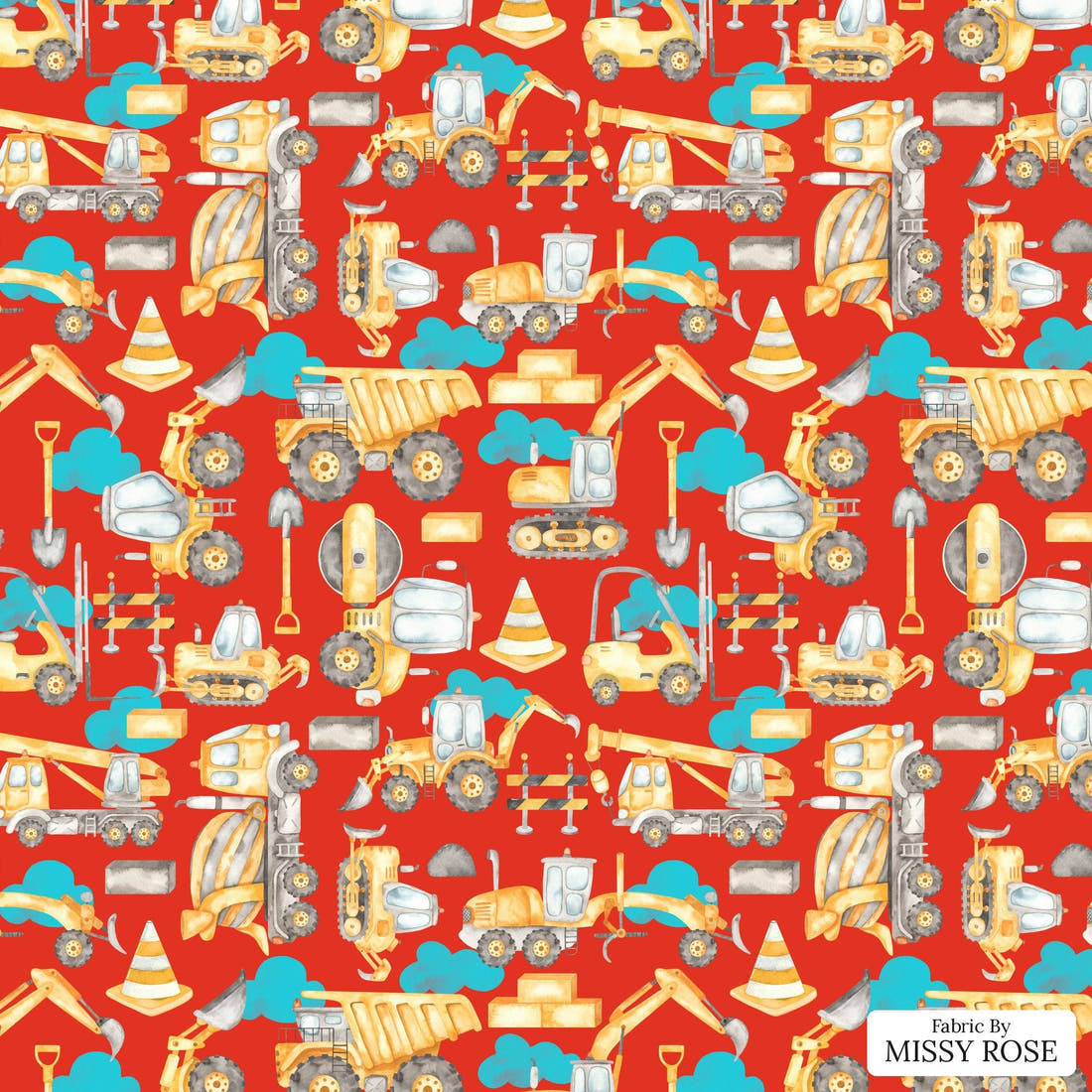 Design 850 Red Construction Fabric - flat view of the print, zoom in for detail | Fabric by Missy Rose