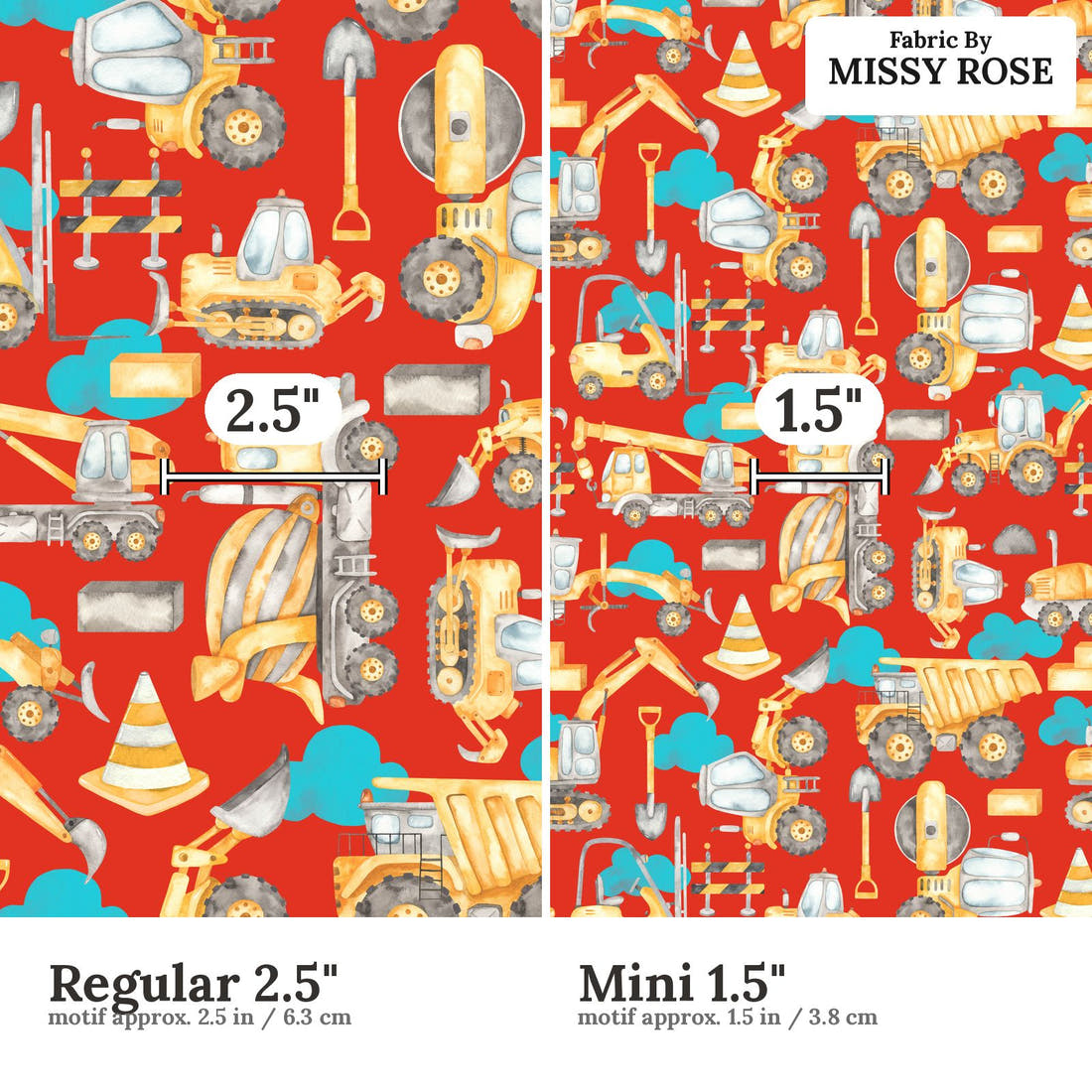Design 850 Red Construction Fabric size comparison - print scale | Fabric by Missy Rose