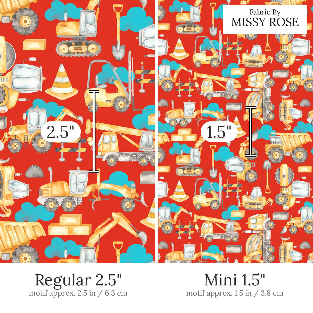 Design 850 Red Construction Fabric Regular 2.5 inch vs Mini 1.5 inch print scale side by side | Fabric by Missy Rose