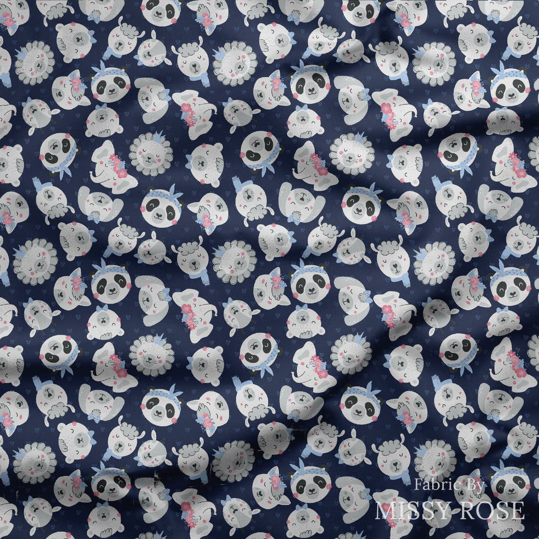 Design 851 Navy Animals Fabric draped fabric mockup – custom printed fabric by the metre | Fabric by Missy Rose