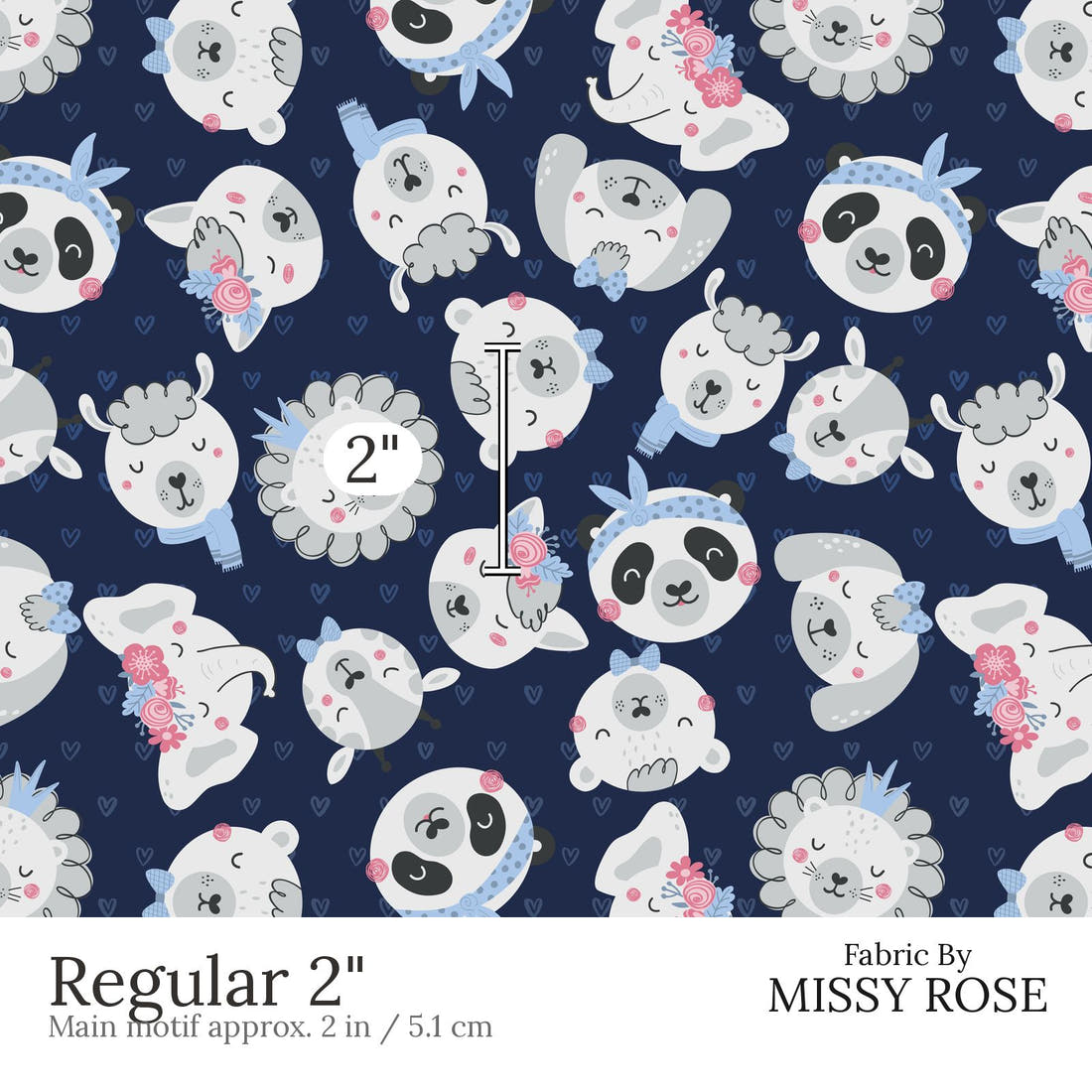 Design 851 Navy Animals Fabric Regular 2 inch print scale guide | Fabric by Missy Rose