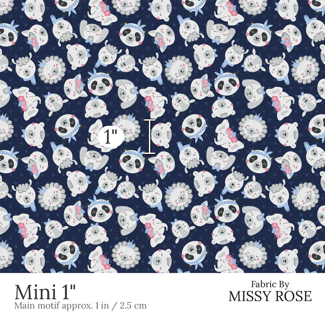 Design 851 Navy Animals Fabric Mini 1 inch print scale guide | Fabric by Missy Rose