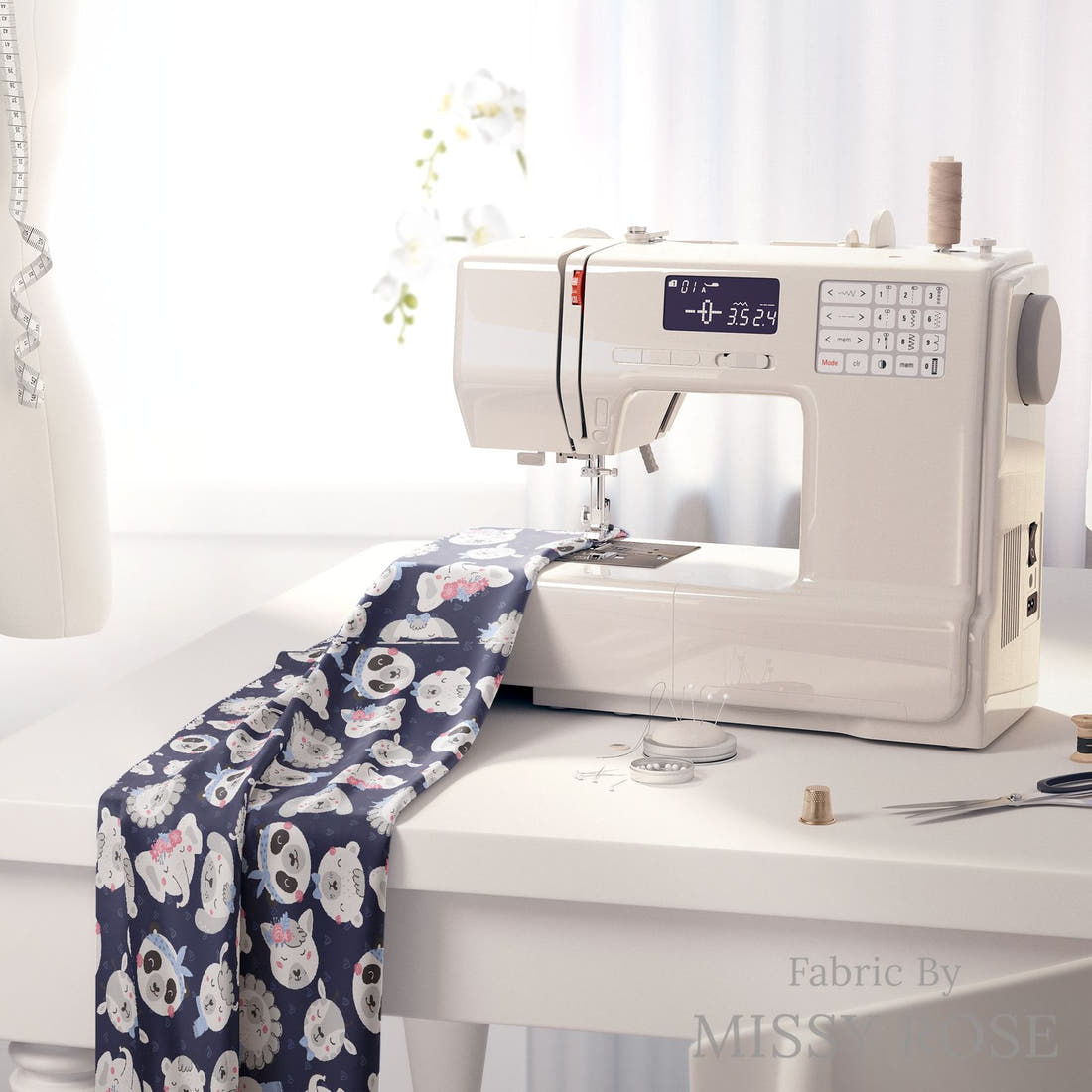 Design 851 Navy Animals Fabric on a sewing machine – premium fabric for sewing projects | Fabric by Missy Rose