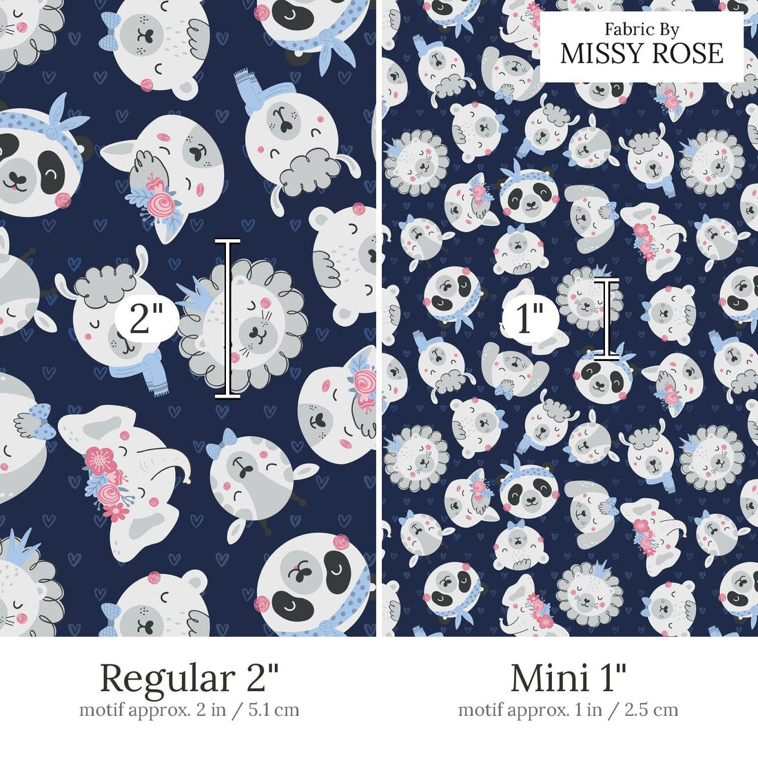 Design 851 Navy Animals Fabric Regular 2 inch vs Mini 1 inch print scale side by side | Fabric by Missy Rose