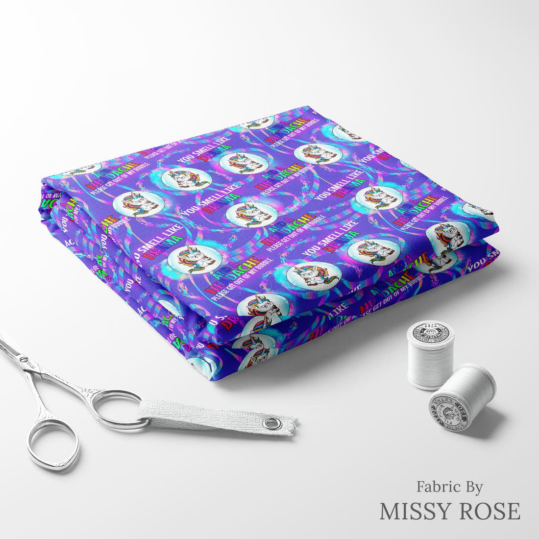 Design 852 Drama Fabric folded fabric stack with matching thread – pre-order fabric Australia | Fabric by Missy Rose