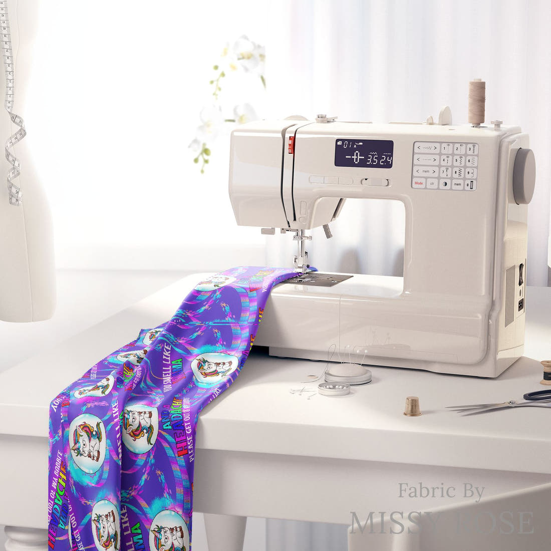 Design 852 Drama Fabric on a sewing machine – premium fabric for sewing projects | Fabric by Missy Rose