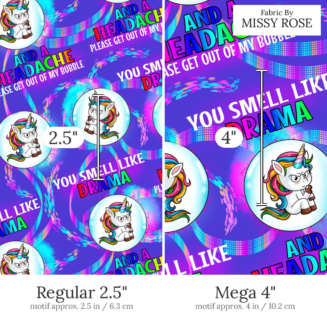 Design 852 Drama Fabric Regular 2.5 inch vs Mega 4 inch print scale side by side | Fabric by Missy Rose